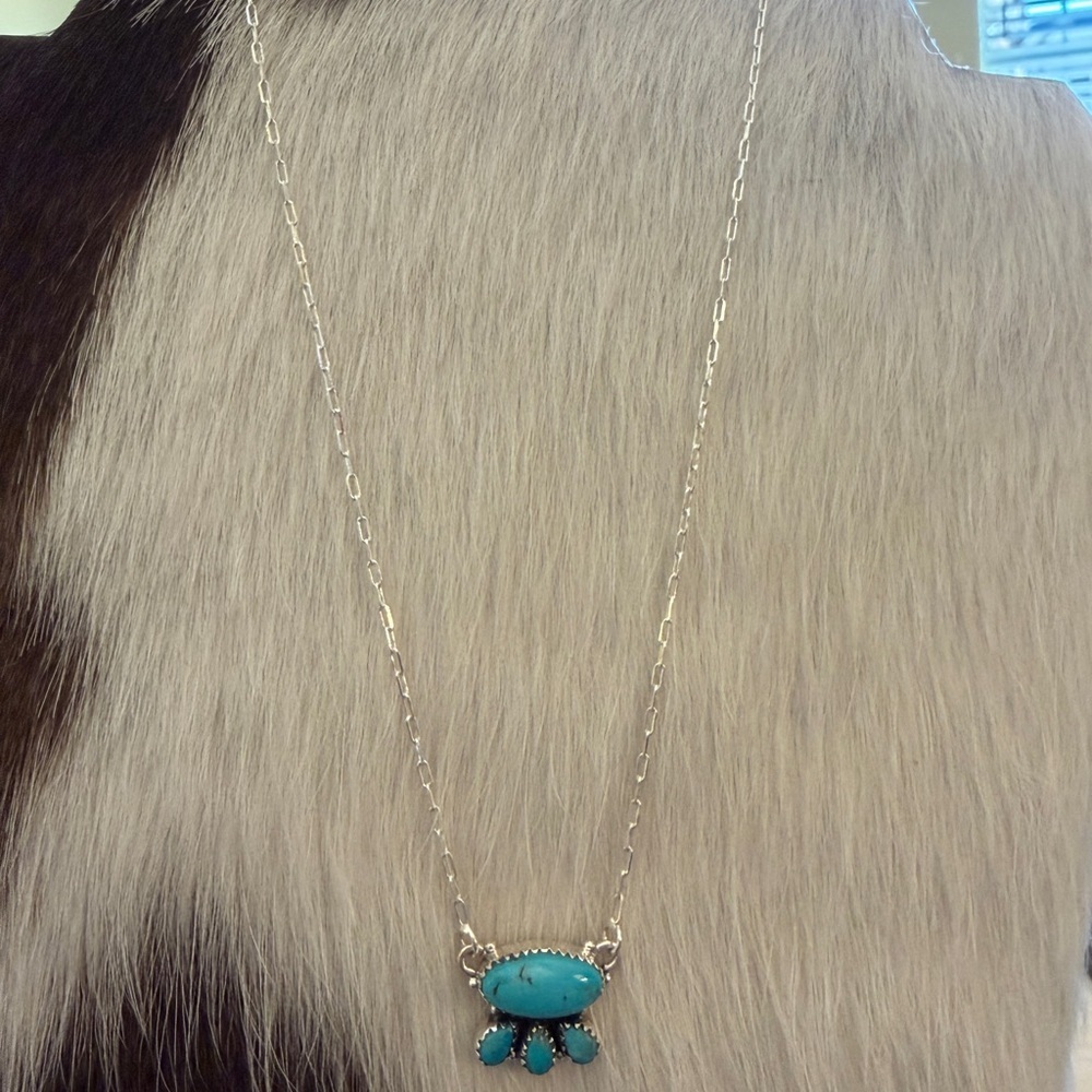 ❤️ Kingman Turquoise 4 Stone Pendant 925 Sterling 16+2” Adj Paper Clip Necklace - Picture 4 of 15
